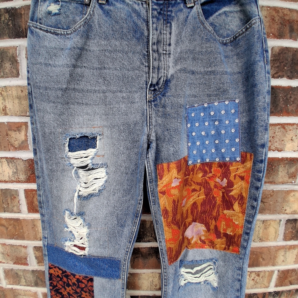 Free People We The Free Belladonna Patchwork Bootcut Jeans Boho Distressed Denim - Picture 3 of 14